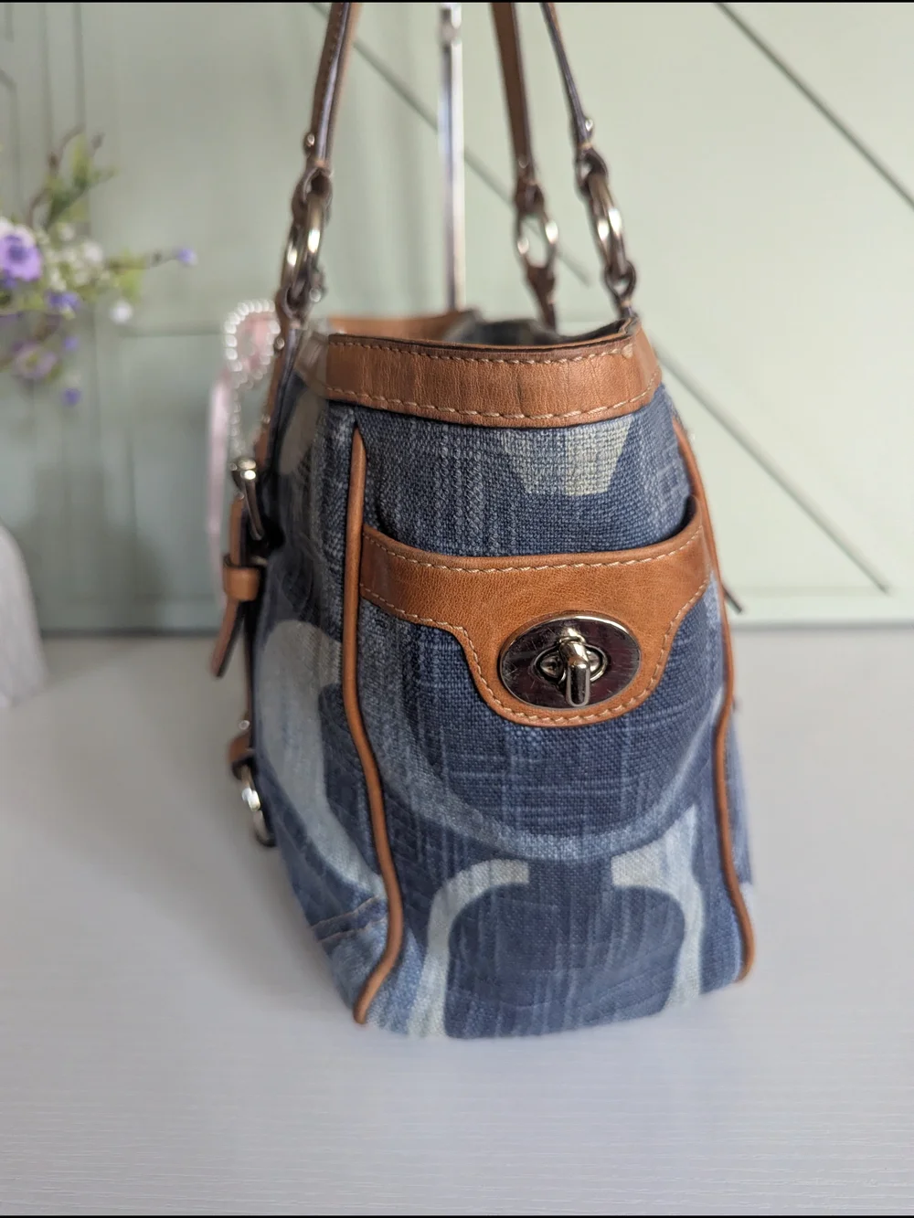 Coach Blue Pattern Logo Tote with Brown Trim